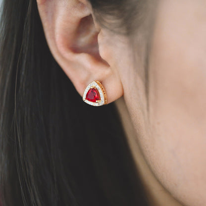 4pcs Red Triangle Stud Earrings, CZ Pave Gold plated Brass Ear Posts 11mm (#GB-571)