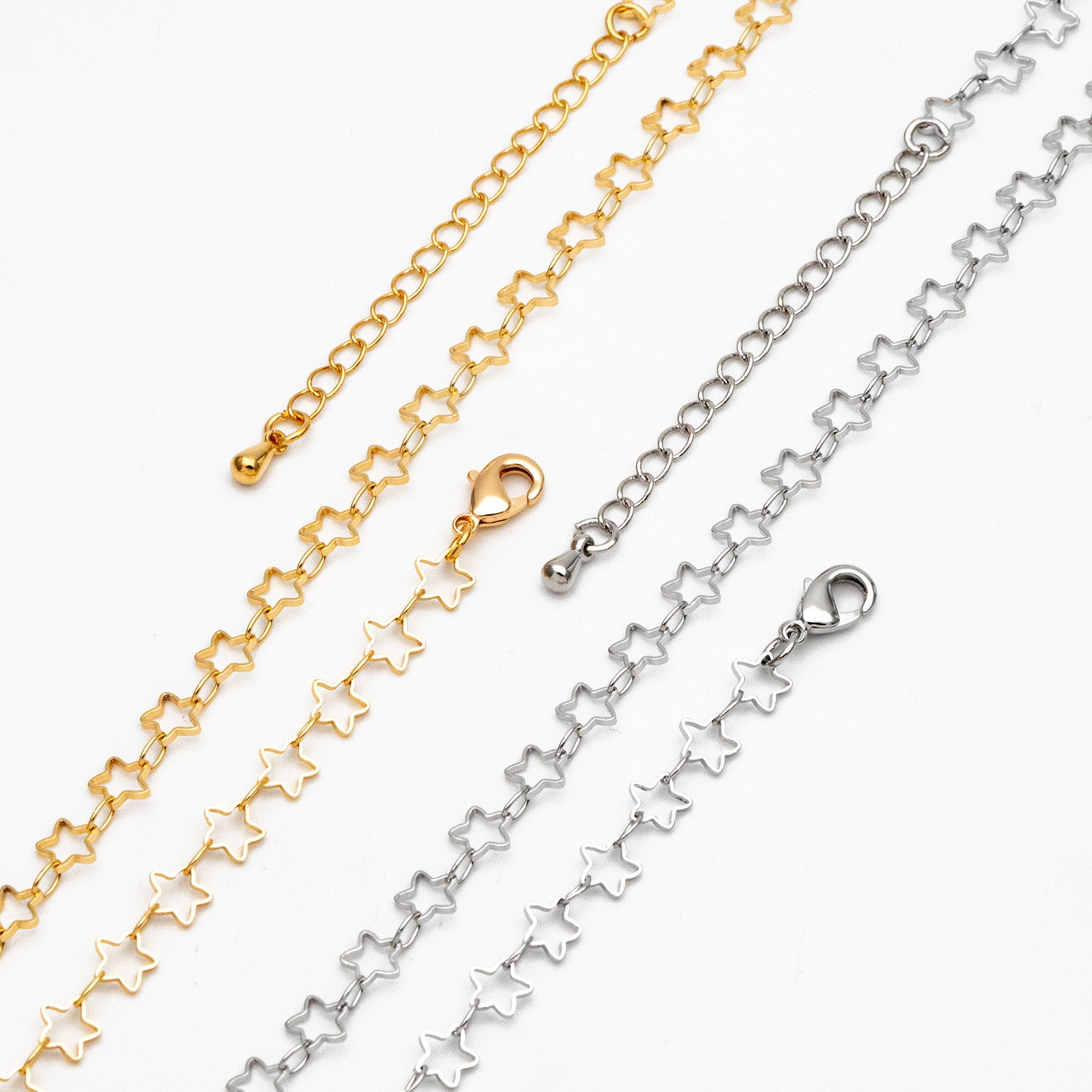 Gold/ Rhodium plated Brass Star Chains, Finished Bracelet/ Anklet/ Necklace with Extender Chain, Ready to Wear (#LK-210)