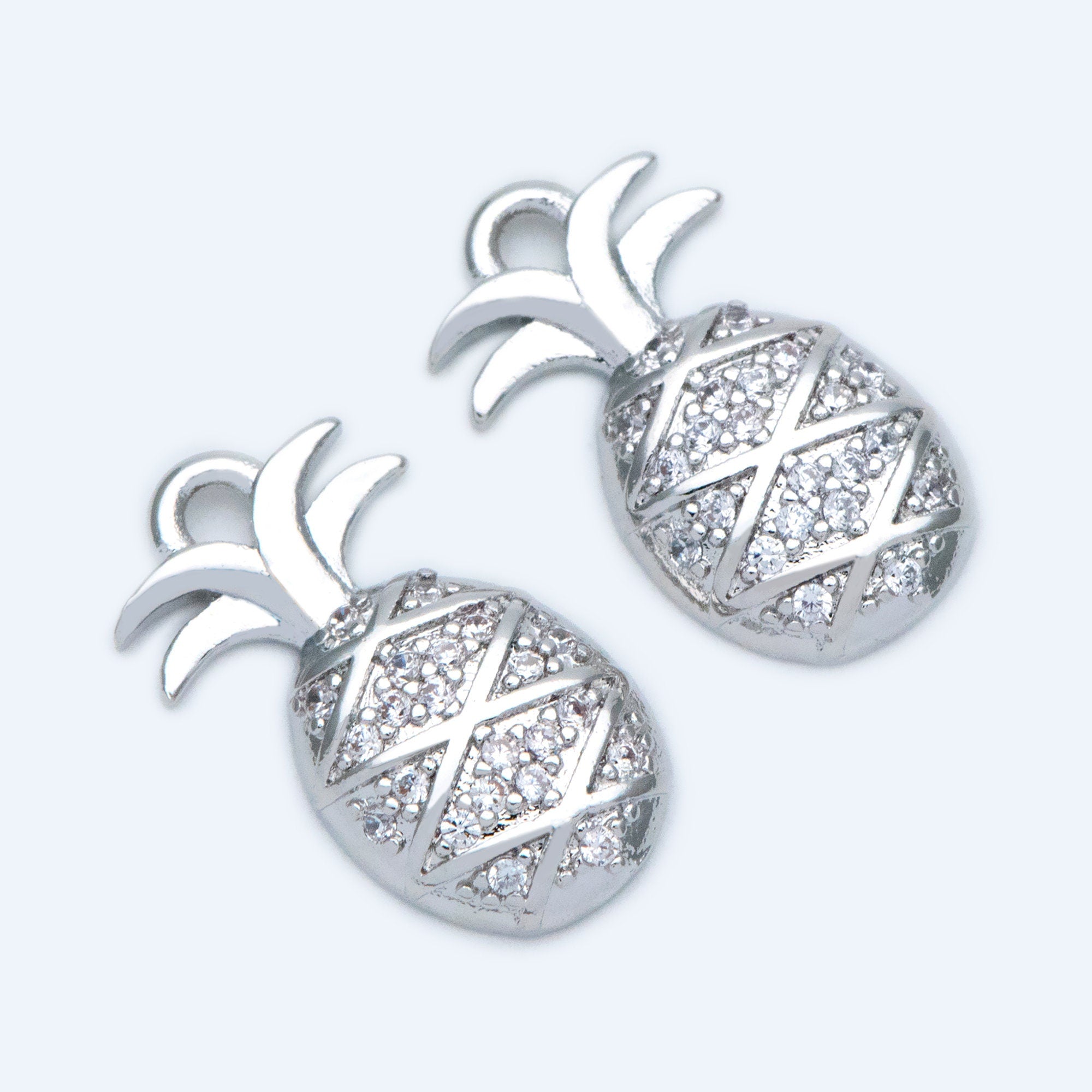 4pcs CZ pave Gold/ Silver Pineapple Charms 16x8mm, 18K Gold/ Rhodium plated Brass Pineapple Pendants (GB-4095-C)