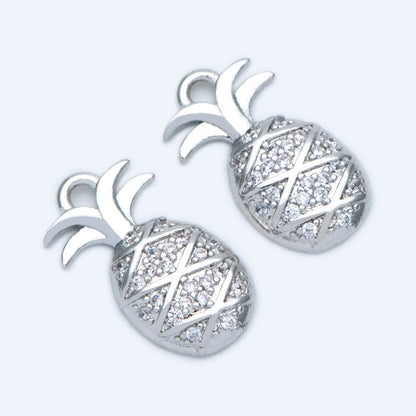 4pcs CZ pave Gold/ Silver Pineapple Charms 16x8mm, 18K Gold/ Rhodium plated Brass Pineapple Pendants (GB-4095-C)