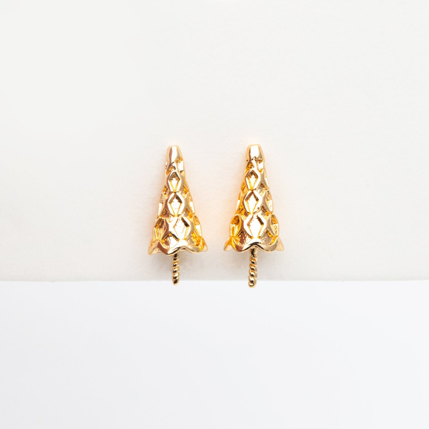 10pcs Gold Ice Cream Earring, Cone Stud Earrings, Pearl Peg Earring Mounts, Half Drilled Pearl Earring Settings (#GB-4191)