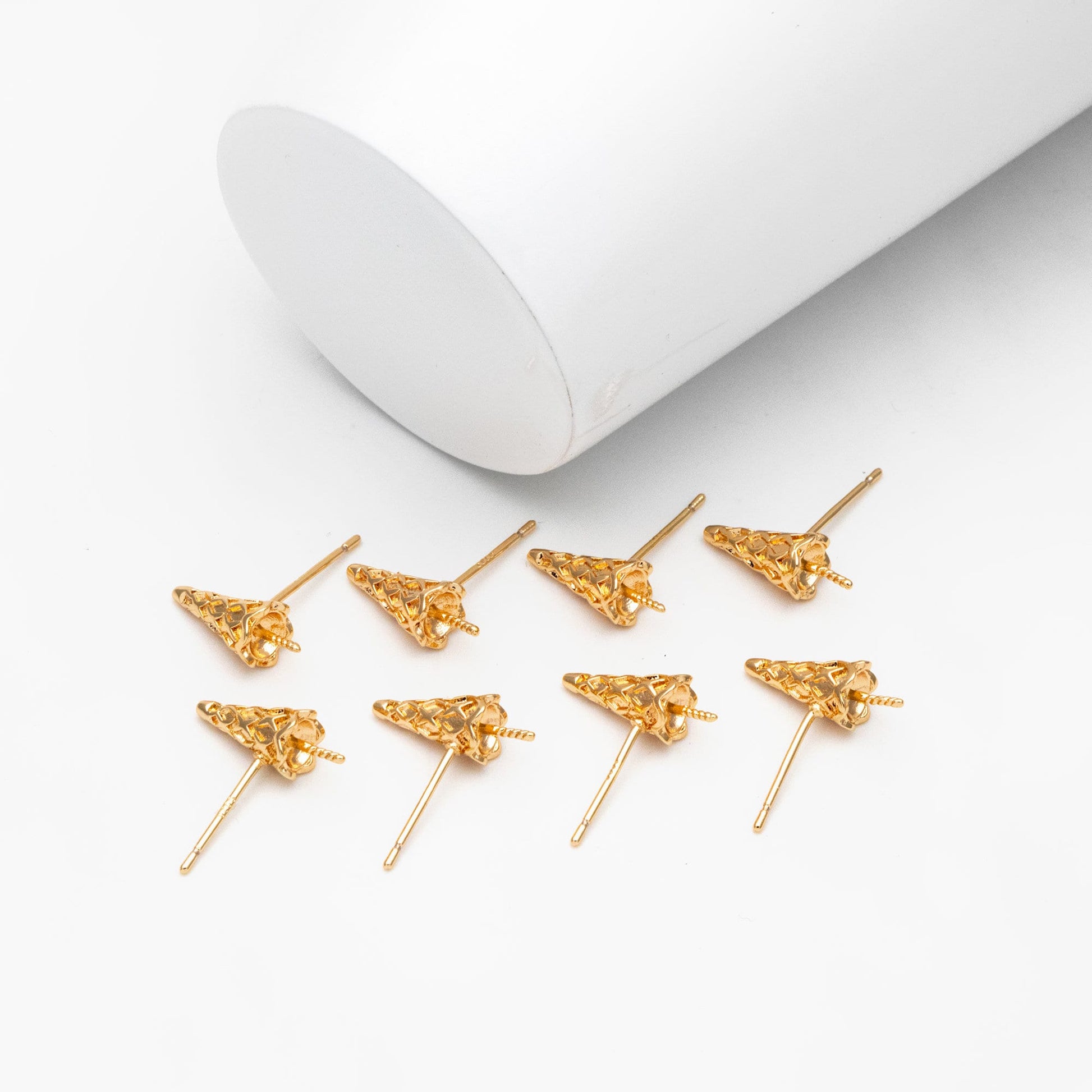 10pcs Gold Ice Cream Earring, Cone Stud Earrings, Pearl Peg Earring Mounts, Half Drilled Pearl Earring Settings (#GB-4191)