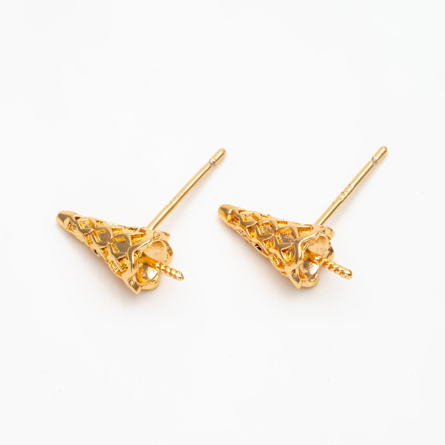 10pcs Gold Ice Cream Earring, Cone Stud Earrings, Pearl Peg Earring Mounts, Half Drilled Pearl Earring Settings (#GB-4191)
