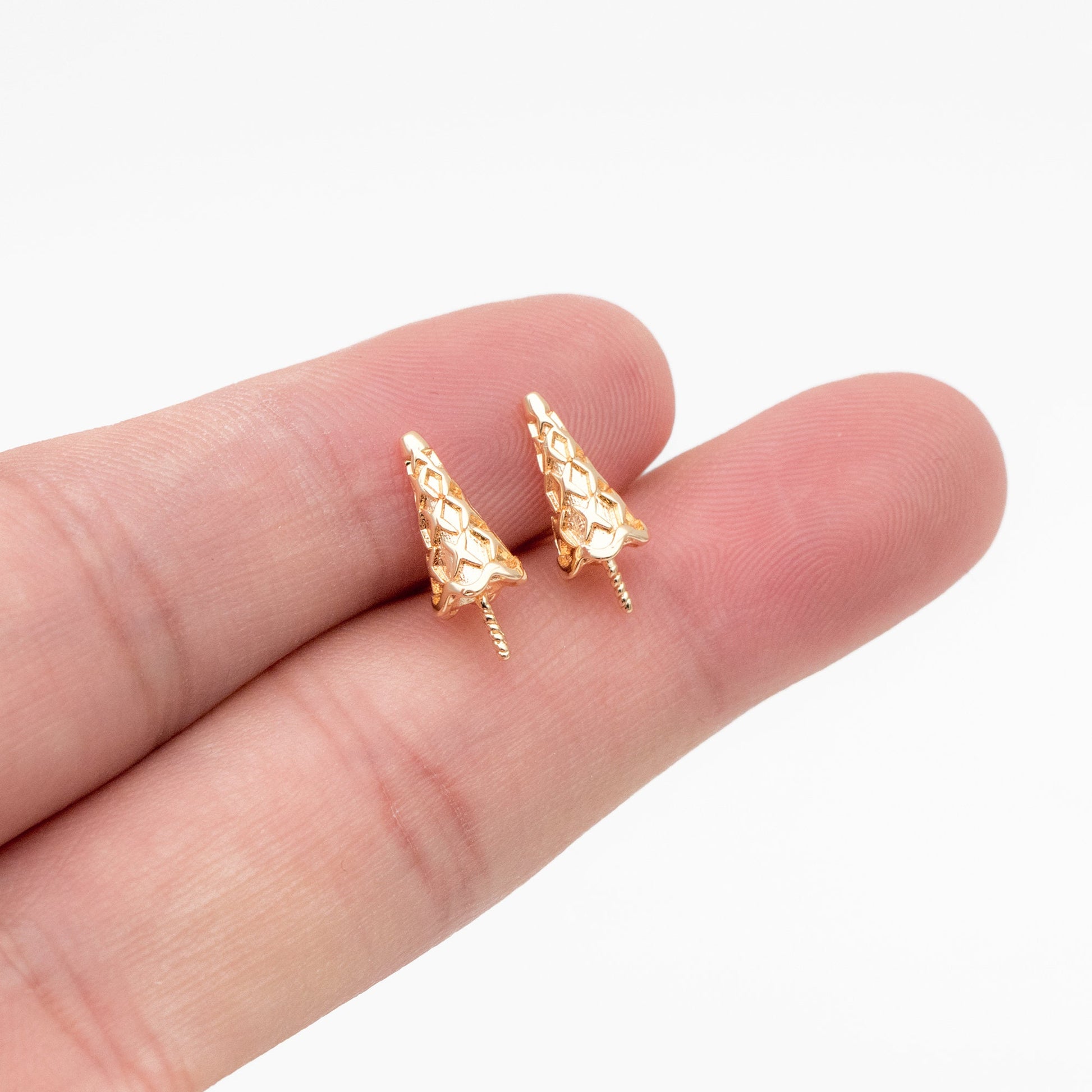 10pcs Gold Ice Cream Earring, Cone Stud Earrings, Pearl Peg Earring Mounts, Half Drilled Pearl Earring Settings (#GB-4191)