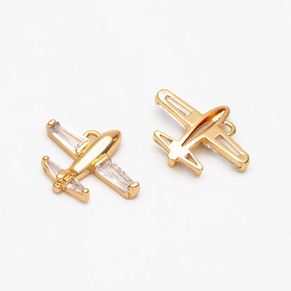 4pcs CZ Pave Airplane Charms 14mm, 18K Gold/ Rhodium plated Brass, Mini Plane Pendants (GB-4196)