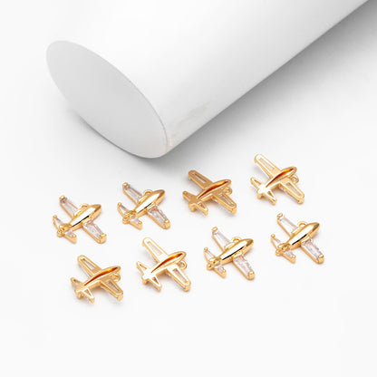 4pcs CZ Pave Airplane Charms 14mm, 18K Gold/ Rhodium plated Brass, Mini Plane Pendants (GB-4196)