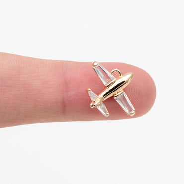 4pcs CZ Pave Airplane Charms 14mm, 18K Gold/ Rhodium plated Brass, Mini Plane Pendants (GB-2471-C)
