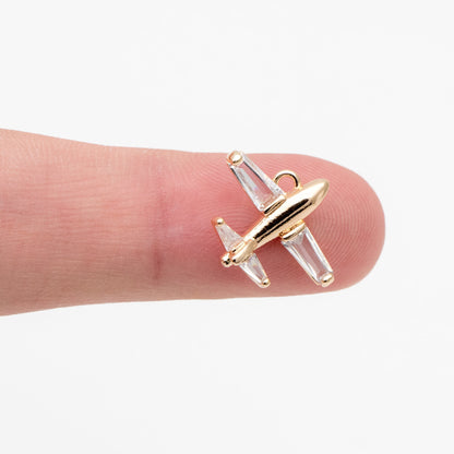 4pcs CZ Pave Airplane Charms 14mm, 18K Gold/ Rhodium plated Brass, Mini Plane Pendants (GB-2471-C)