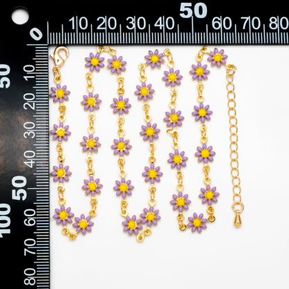 Gold Enamel Flower Chain, Purple Daisy Chain, Finished Bracelet/ Anklet/ Necklace with Extender Chain, Ready to Wear (#LK-578-3)