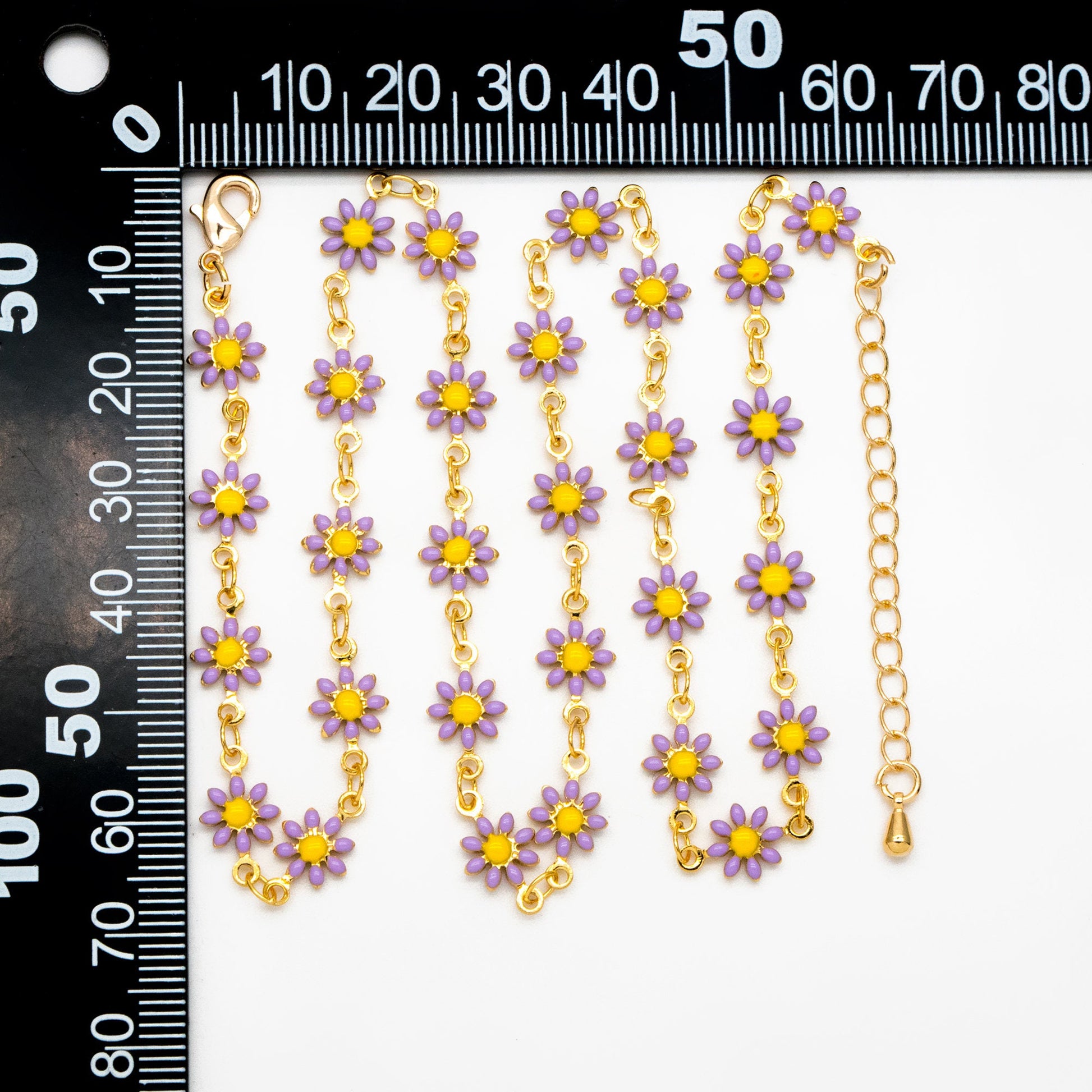 Gold Enamel Flower Chain, Purple Daisy Chain, Finished Bracelet/ Anklet/ Necklace with Extender Chain, Ready to Wear (#LK-578-3)