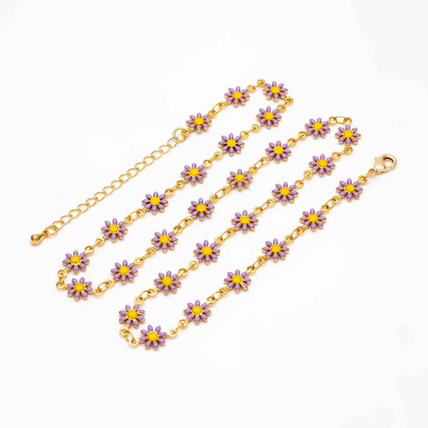 Gold Enamel Flower Chain, Purple Daisy Chain, Finished Bracelet/ Anklet/ Necklace with Extender Chain, Ready to Wear (#LK-578-3)