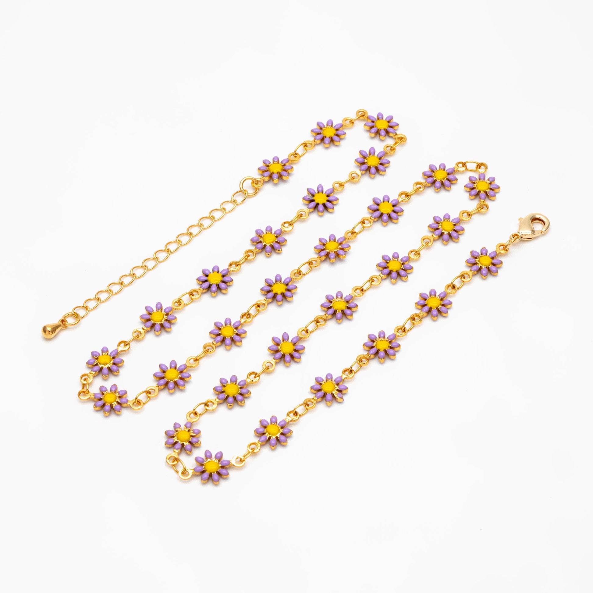 Gold Enamel Flower Chain, Purple Daisy Chain, Finished Bracelet/ Anklet/ Necklace with Extender Chain, Ready to Wear (#LK-578-3)
