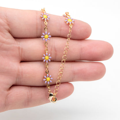 Gold Enamel Flower Chain, Purple Daisy Chain, Finished Bracelet/ Anklet/ Necklace with Extender Chain, Ready to Wear (#LK-578-3)