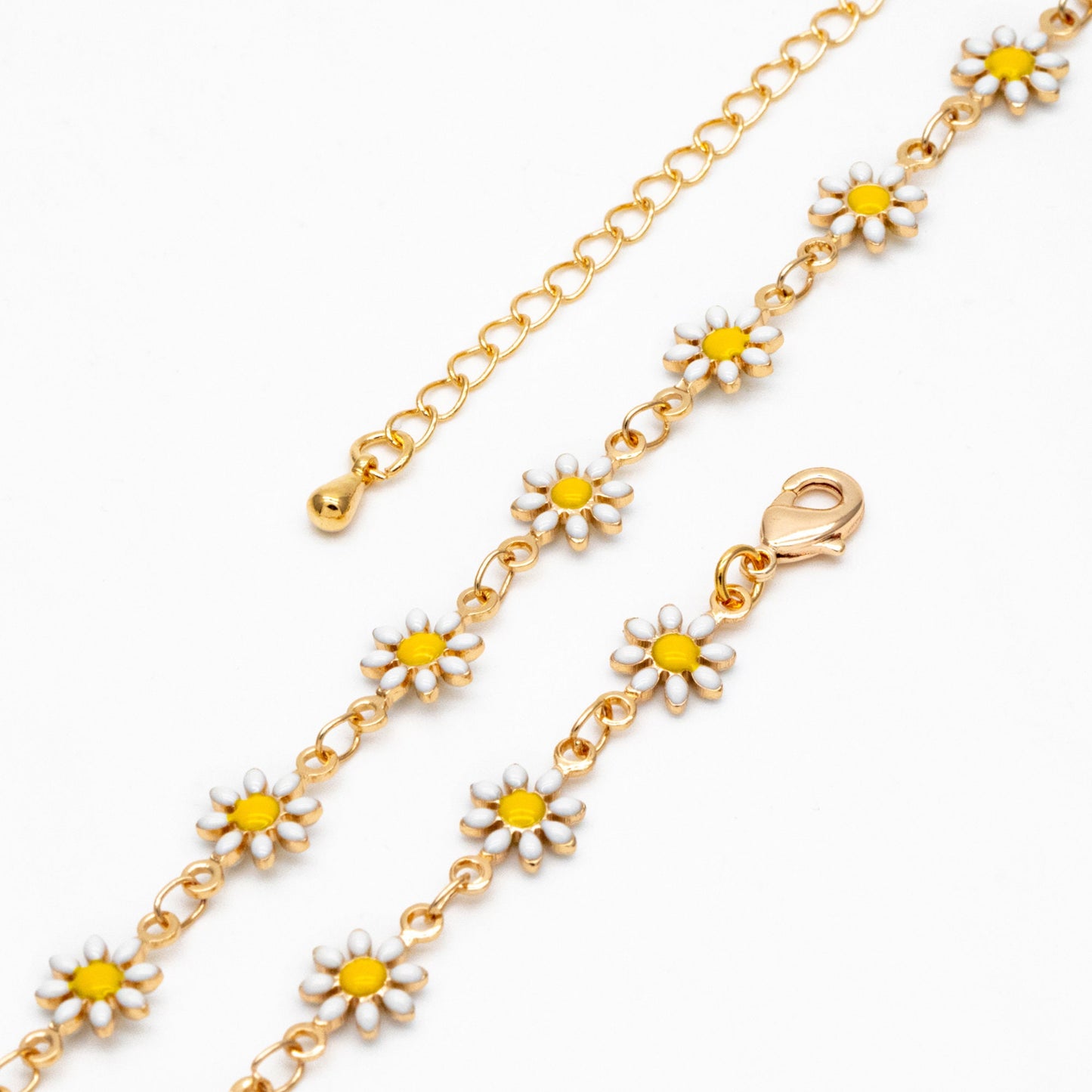 Gold Enamel Flower Chain, White Daisy Chain, Finished Bracelet/ Anklet/ Necklace with Extender Chain, Ready to Wear (#LK-578-1)