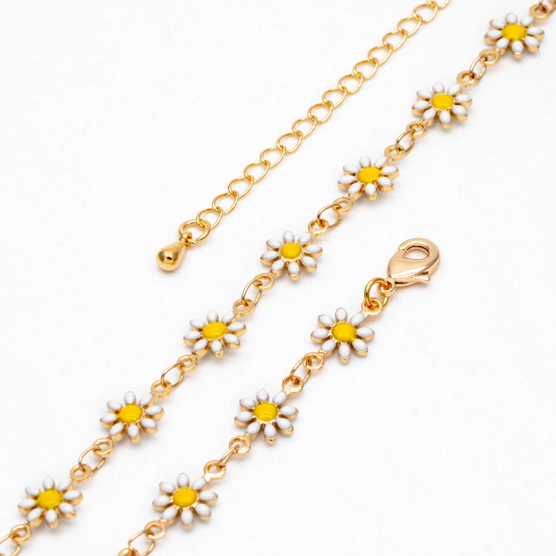 Gold Enamel Flower Chain, White Daisy Chain, Finished Bracelet/ Anklet/ Necklace with Extender Chain, Ready to Wear (#LK-578-1)