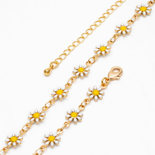 Gold Enamel Flower Chain, White Daisy Chain, Finished Bracelet/ Anklet/ Necklace with Extender Chain, Ready to Wear (#LK-578-1)