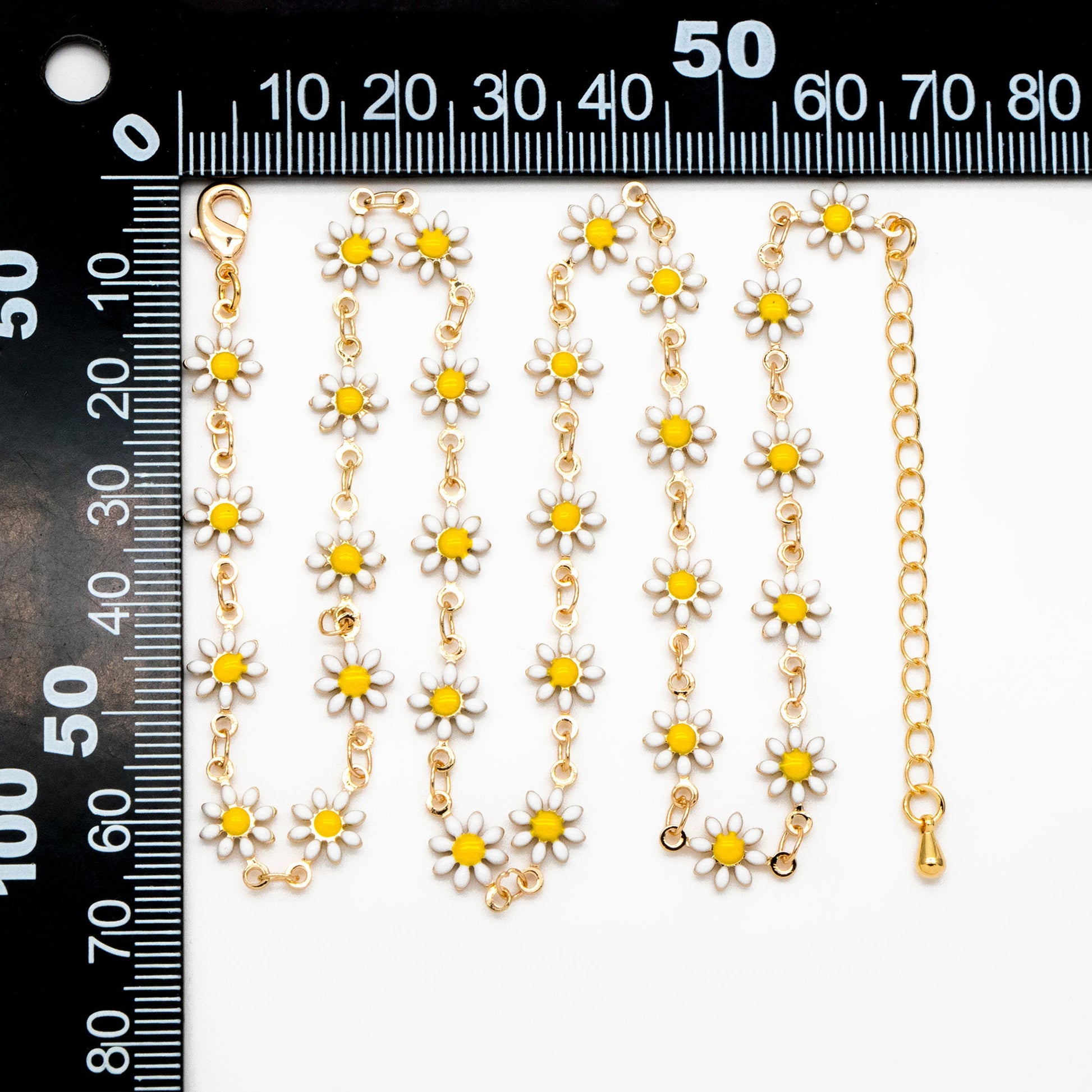 Gold Enamel Flower Chain, White Daisy Chain, Finished Bracelet/ Anklet/ Necklace with Extender Chain, Ready to Wear (#LK-578-1)