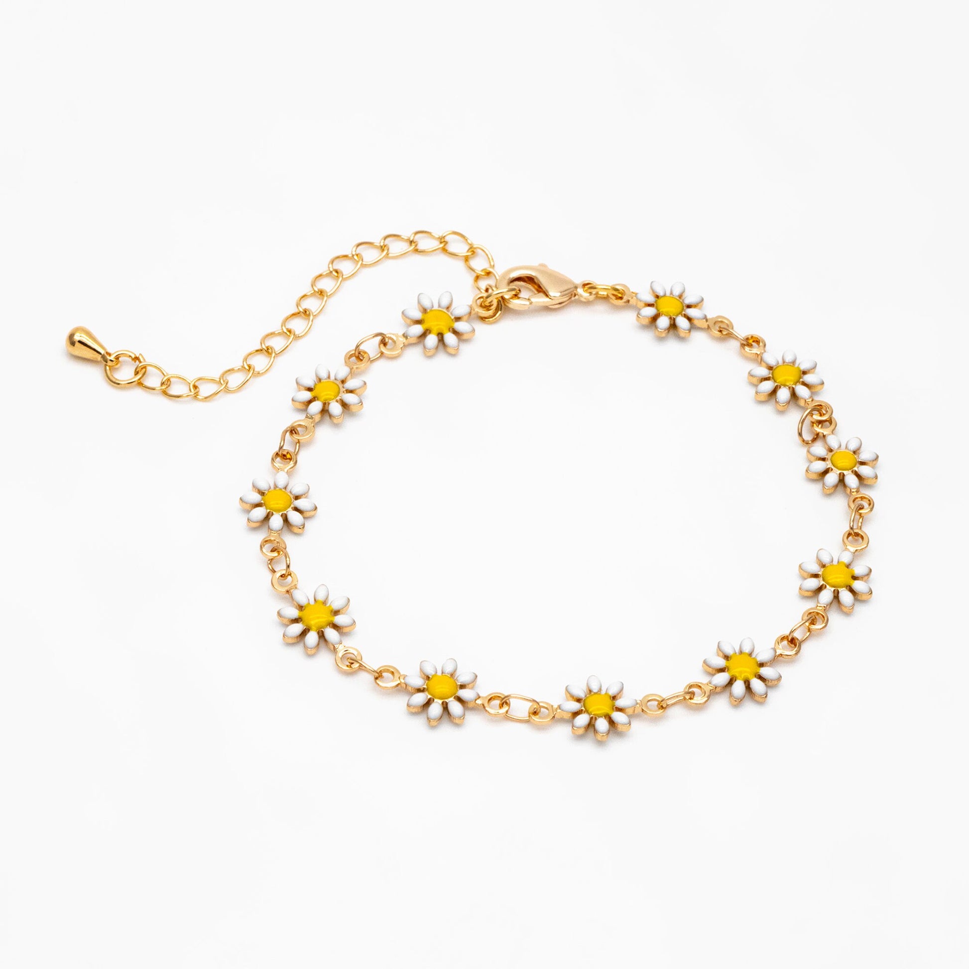 Gold Enamel Flower Chain, White Daisy Chain, Finished Bracelet/ Anklet/ Necklace with Extender Chain, Ready to Wear (#LK-578-1)
