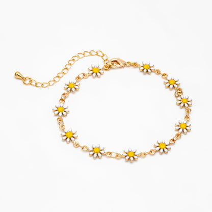Gold Enamel Flower Chain, White Daisy Chain, Finished Bracelet/ Anklet/ Necklace with Extender Chain, Ready to Wear (#LK-578-1)
