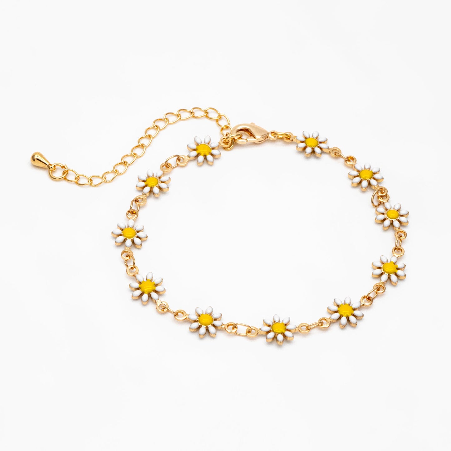 Gold Enamel Flower Chain, White Daisy Chain, Finished Bracelet/ Anklet/ Necklace with Extender Chain, Ready to Wear (#LK-578-1)
