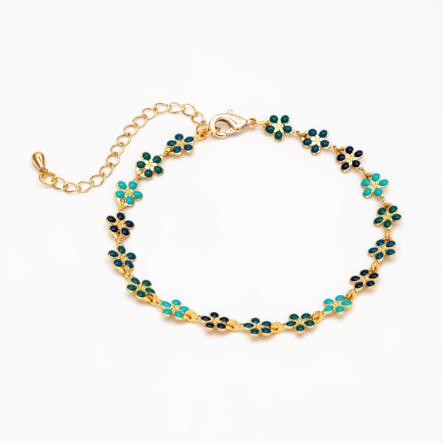 Gold plated Enamel Flower Chain, Finished Bracelet/ Anklet/ Necklace with Extender Chain, 16-18 inch Adjustable, Ready to Wear (#LK-581-5)