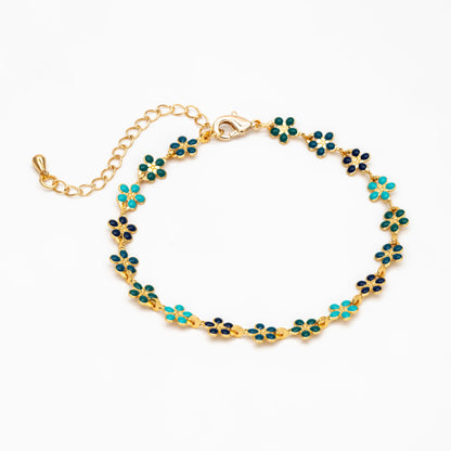 Gold plated Enamel Flower Chain, Finished Bracelet/ Anklet/ Necklace with Extender Chain, 16-18 inch Adjustable, Ready to Wear (#LK-581-5)