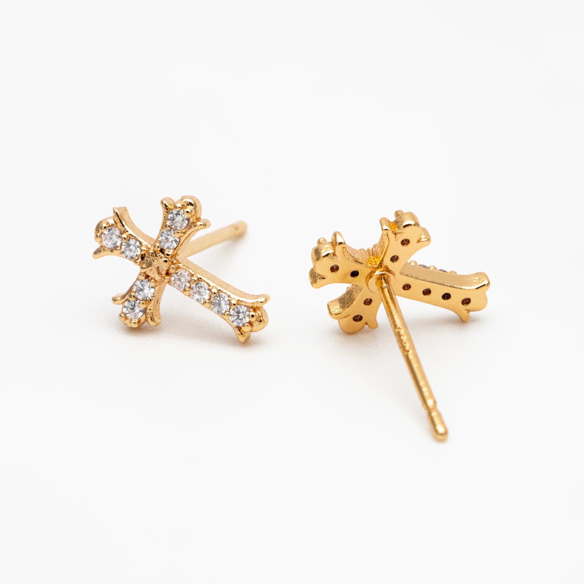 4pcs CZ Pave Gold Cross Earrings 10x8mm, Gold Plated Brass Small Cross Stud Earring (#GB-3637-D)