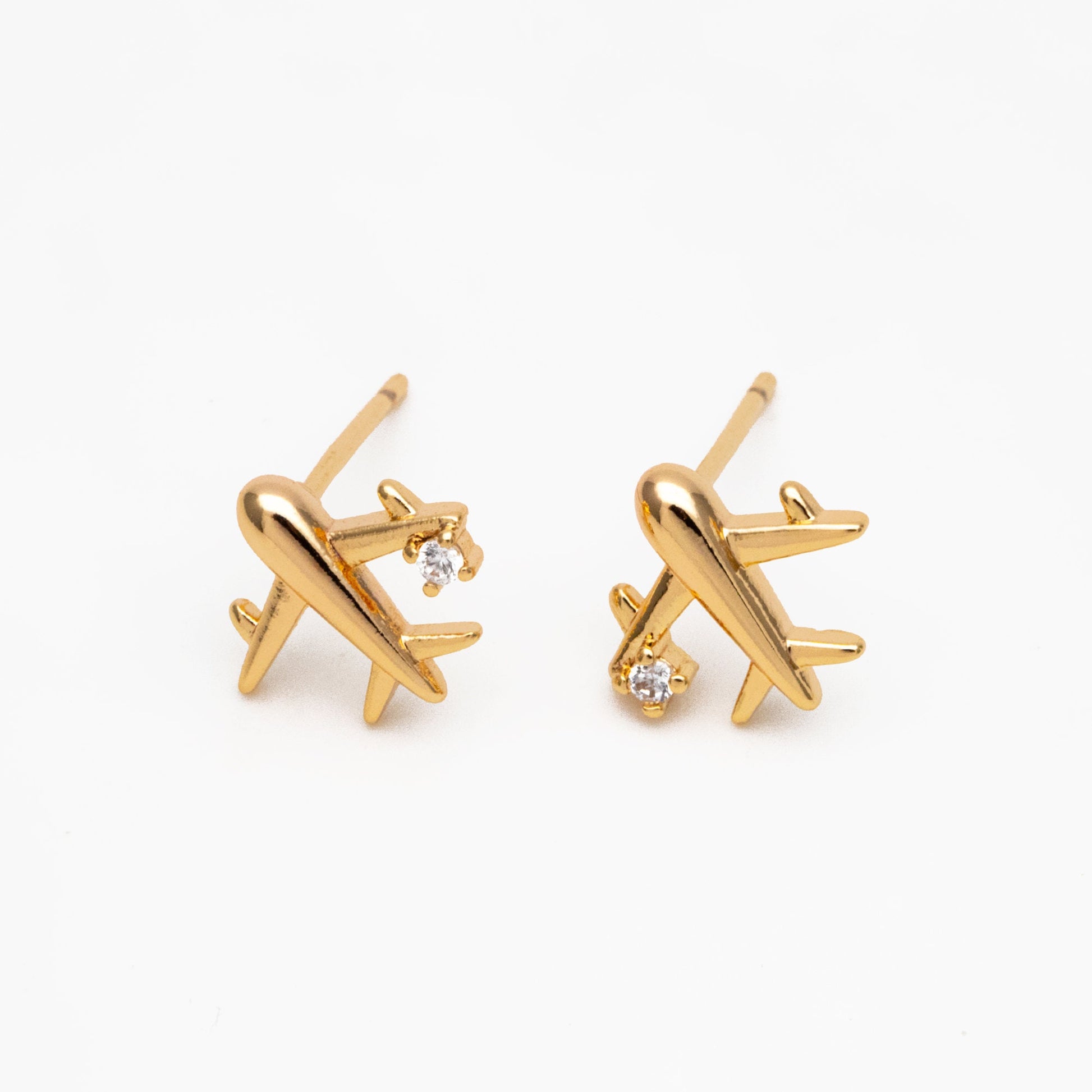 10pcs CZ Pave Gold Airplane Stud Earrings, Gold plated Brass Dainty Plane Earrings (#GB-4236)