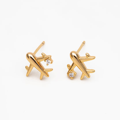 10pcs CZ Pave Gold Airplane Stud Earrings, Gold plated Brass Dainty Plane Earrings (#GB-4236)