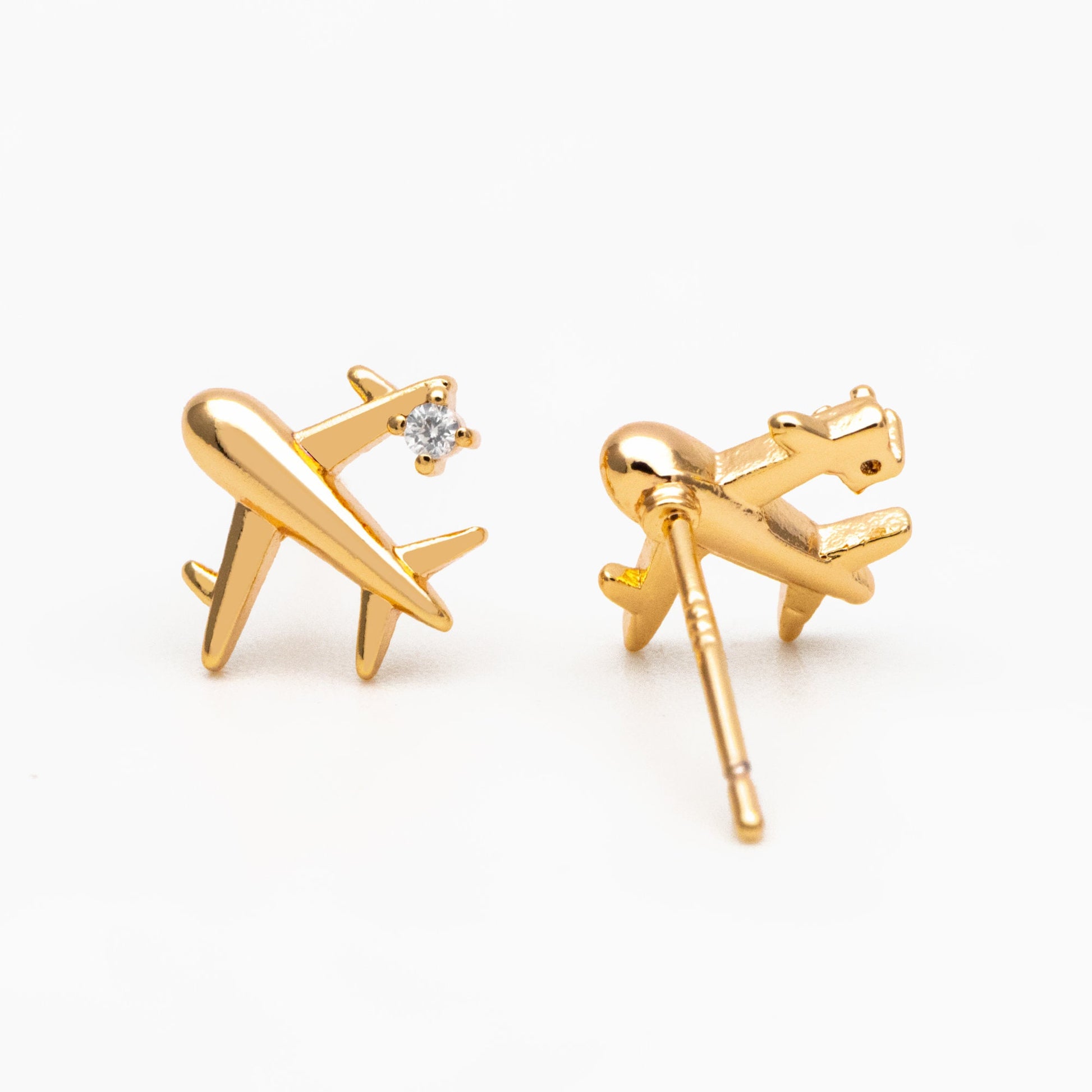 10pcs CZ Pave Gold Airplane Stud Earrings, Gold plated Brass Dainty Plane Earrings (#GB-4236)