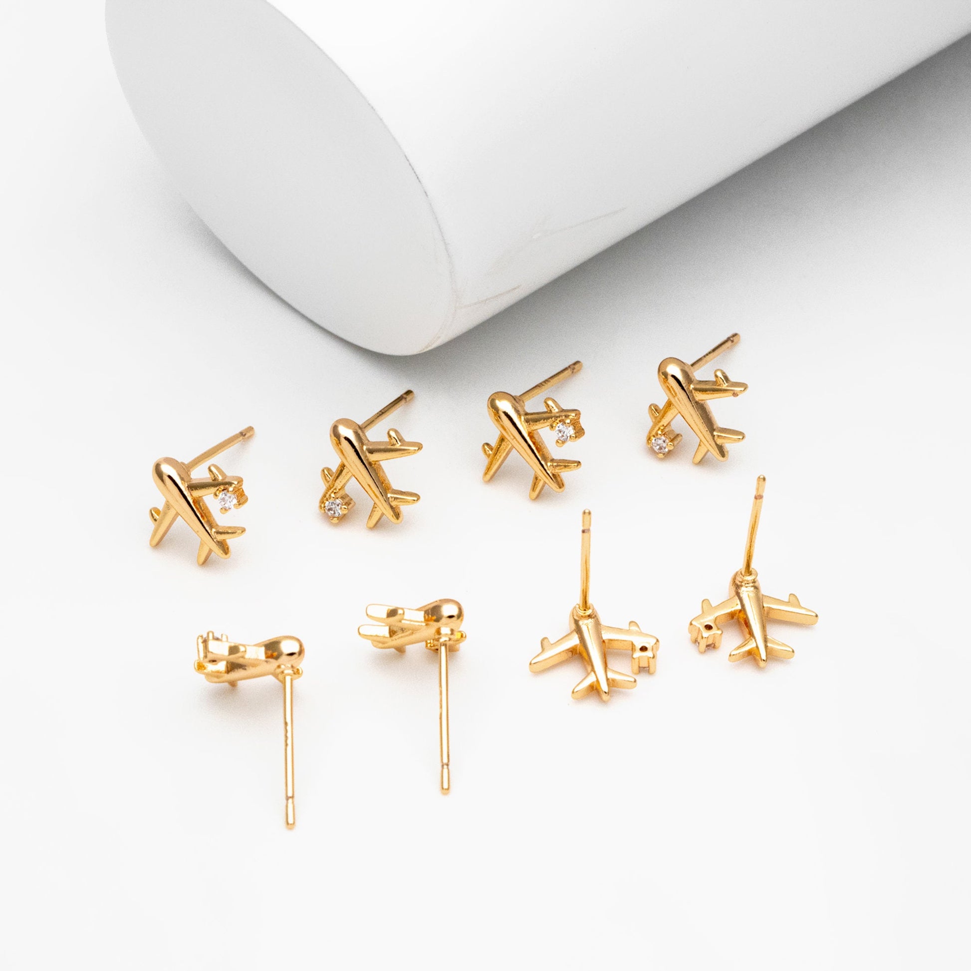 10pcs CZ Pave Gold Airplane Stud Earrings, Gold plated Brass Dainty Plane Earrings (#GB-4236)