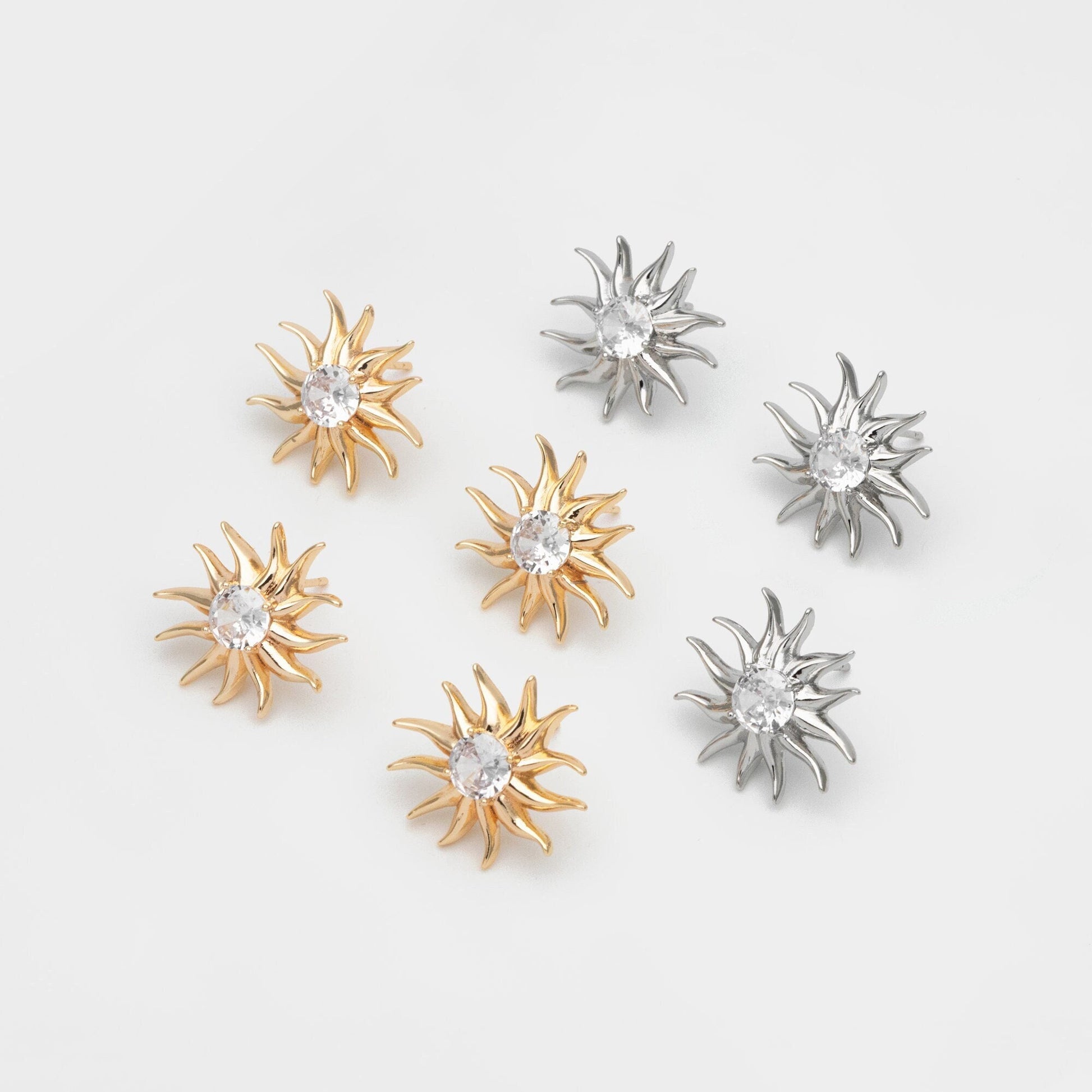 4pcs CZ Paved Sun Earring with Loop, 18x20mm, Real Gold/ Rhodium Plated Brass Stud Earrings (#GB-3507)