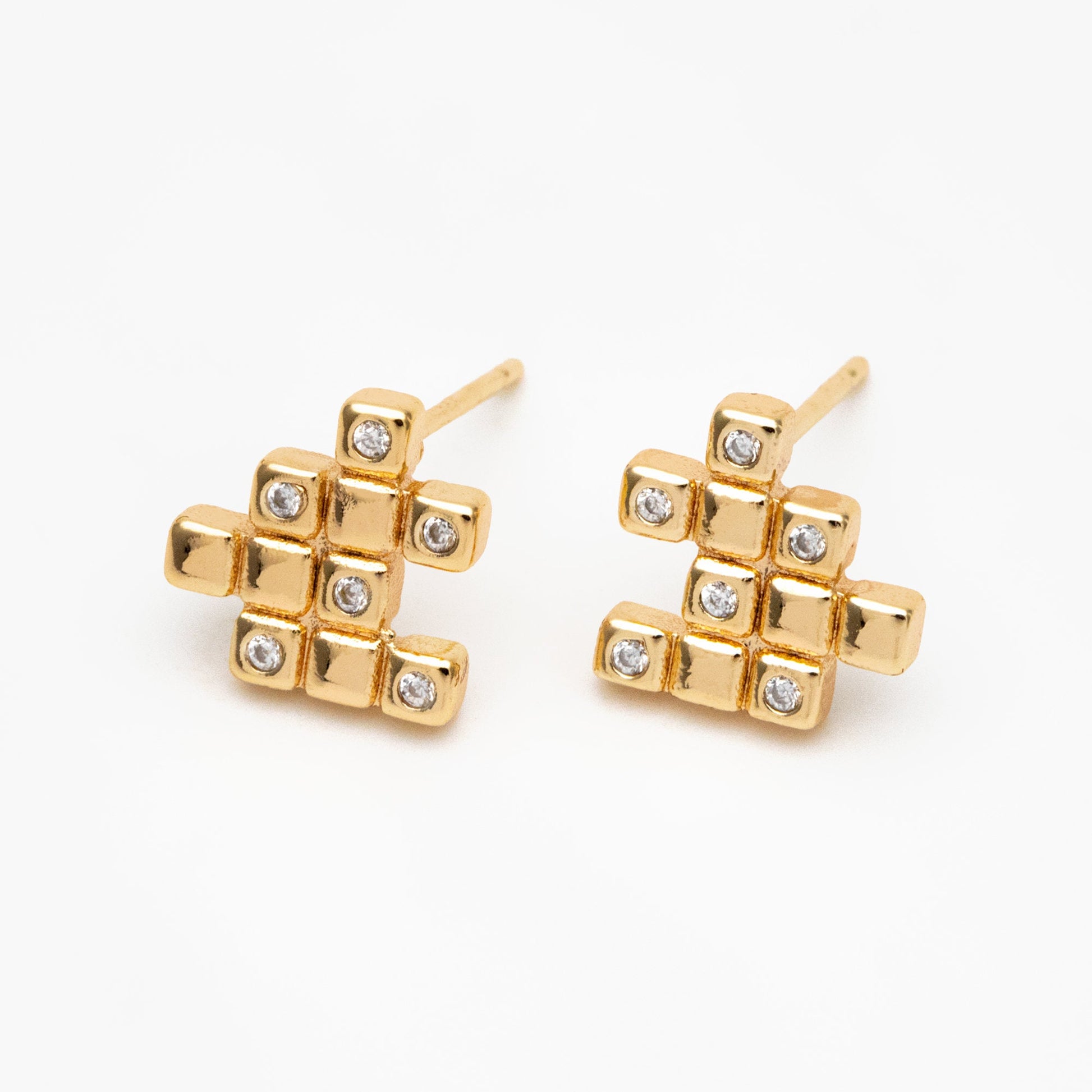 4pcs CZ Pave Gold Puzzle Earrings 10x10mm, Real Gold Plated Brass, Jigsaw Earring Studs (#GB-4238)