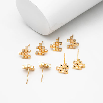 4pcs CZ Pave Gold Puzzle Earrings 10x10mm, Real Gold Plated Brass, Jigsaw Earring Studs (#GB-4238)