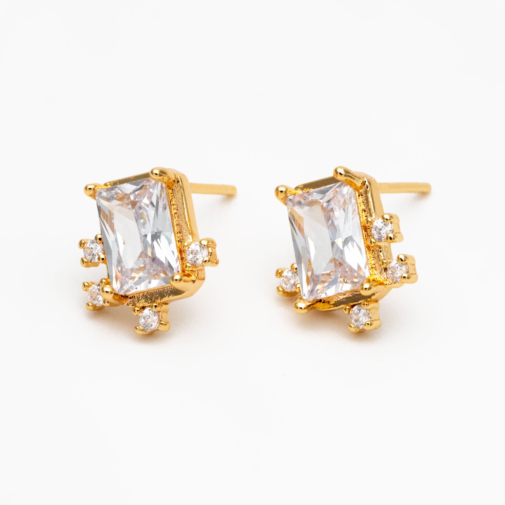4pcs CZ Pave Rectangle Earrings, 11x10mm, Real Gold Plated Brass, Dainty Geometric Earring Studs (#GB-4241)