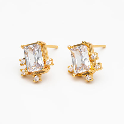 4pcs CZ Pave Rectangle Earrings, 11x10mm, Real Gold Plated Brass, Dainty Geometric Earring Studs (#GB-4241)