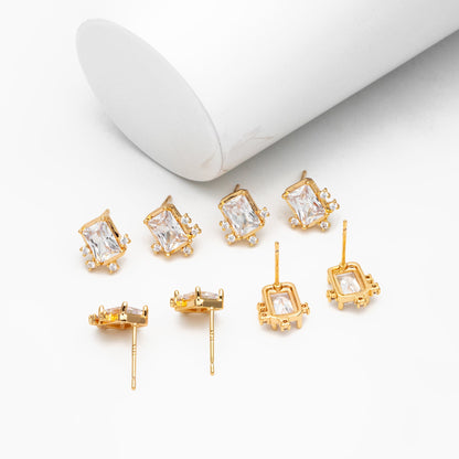 4pcs CZ Pave Rectangle Earrings, 11x10mm, Real Gold Plated Brass, Dainty Geometric Earring Studs (#GB-4241)