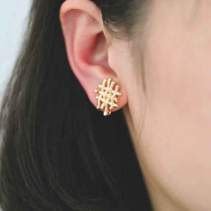 10pcs Gold Weave Stud Earring With Loop, 18K Gold plated Brass, Rustic Stud Earring Components (GB-3552)