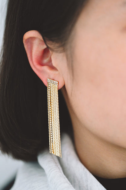 4pcs CZ Pave Chain Tassel Earrings, Long Tassel Stud Earring, Gold Dangling Earrings, Minimalist Earrings (GB-3556)