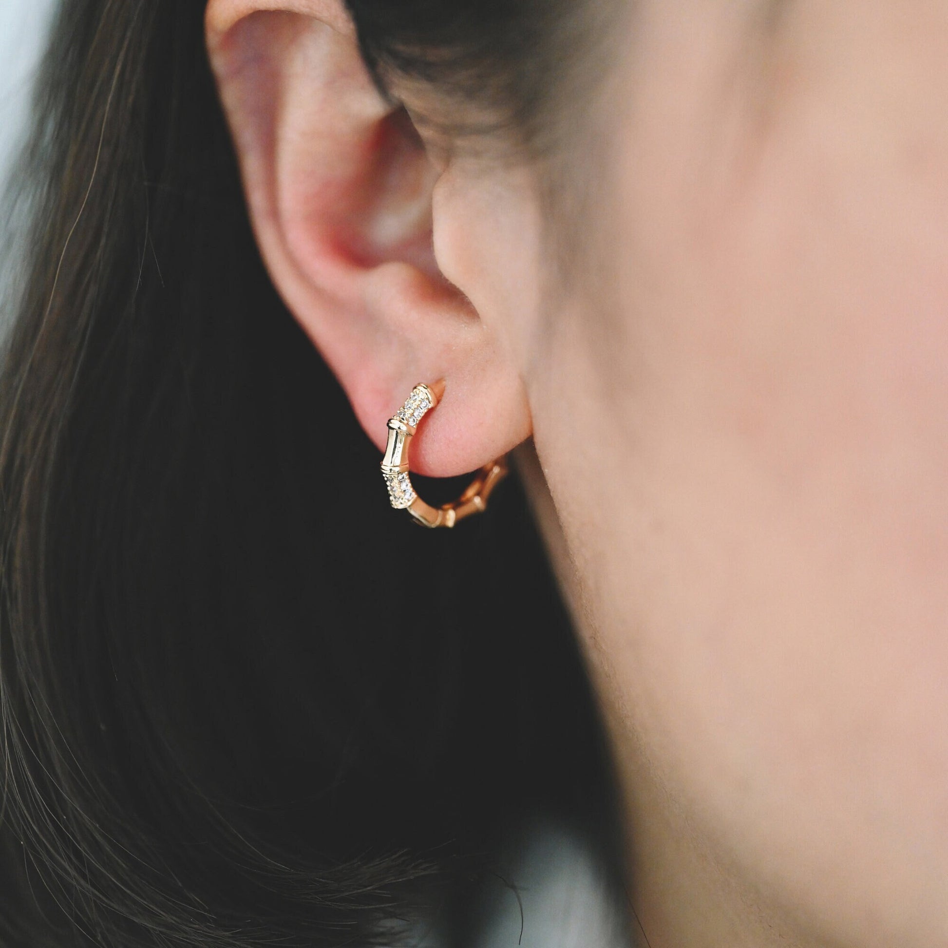 4pcs CZ Pave Gold Bamboo Hoop Earrings, Gold plated Brass, Dainty Bamboo Earrings, Gold Hoops (GB-3597)