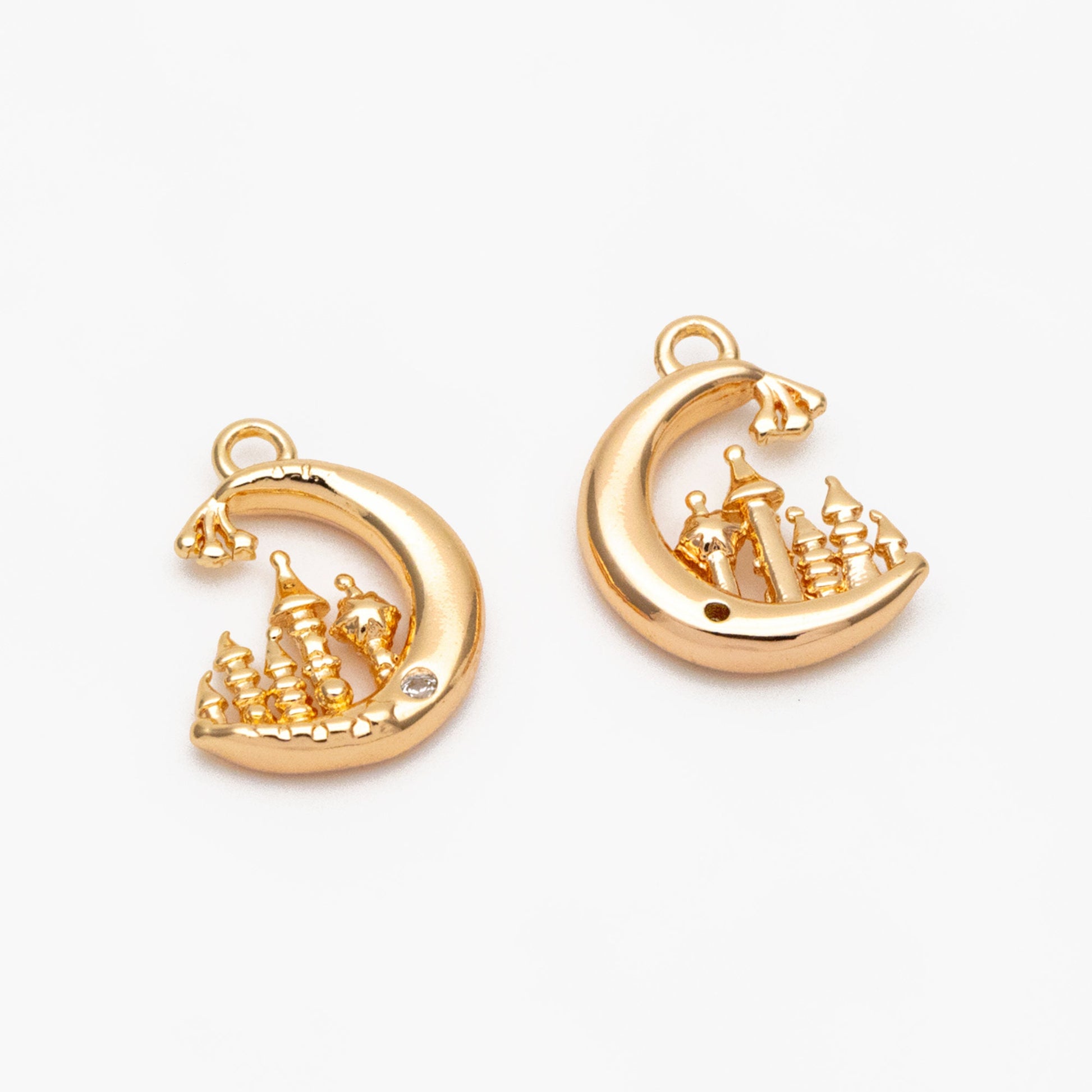 4pcs CZ Pave Gold Moon Castle Charm, 18K Gold plated Brass, Celestial Pendants (#GB-2433-A)