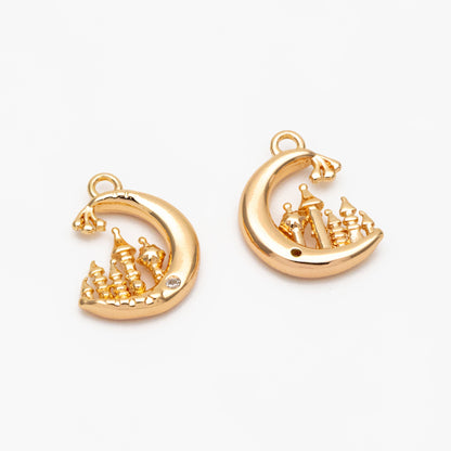 4pcs CZ Pave Gold Moon Castle Charm, 18K Gold plated Brass, Celestial Pendants (#GB-2433-A)