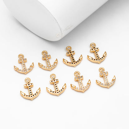 4pcs CZ Pave Gold Anchor Charms: Nautical Pendant Findings (GB-3746-C)