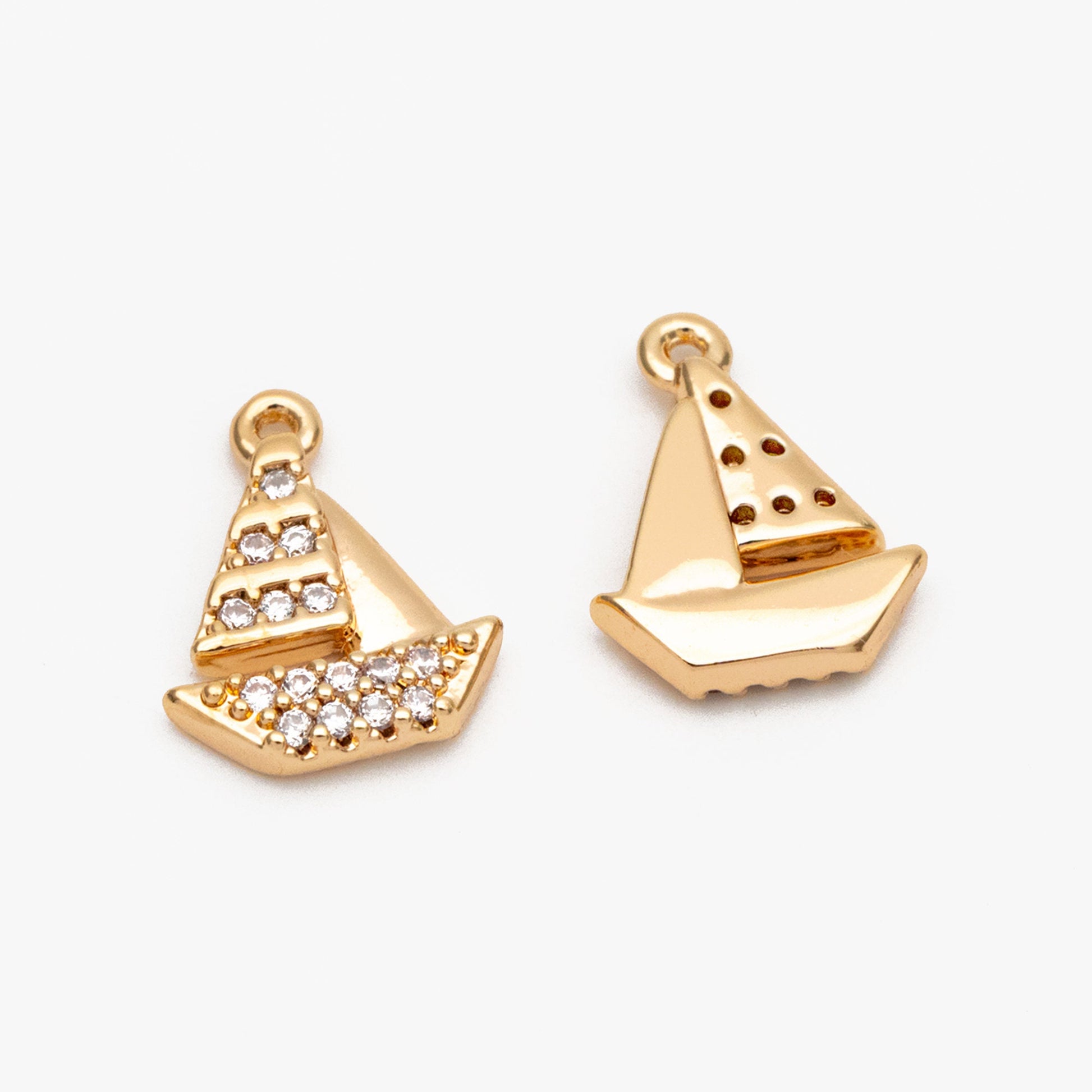 4pcs CZ Pave Gold Sailboat Charms, Gold plated Brass, Cute Nautical Charms (GB-2374-A)