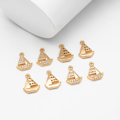 4pcs CZ Pave Gold Sailboat Charms, Gold plated Brass, Cute Nautical Charms (GB-2374-A)