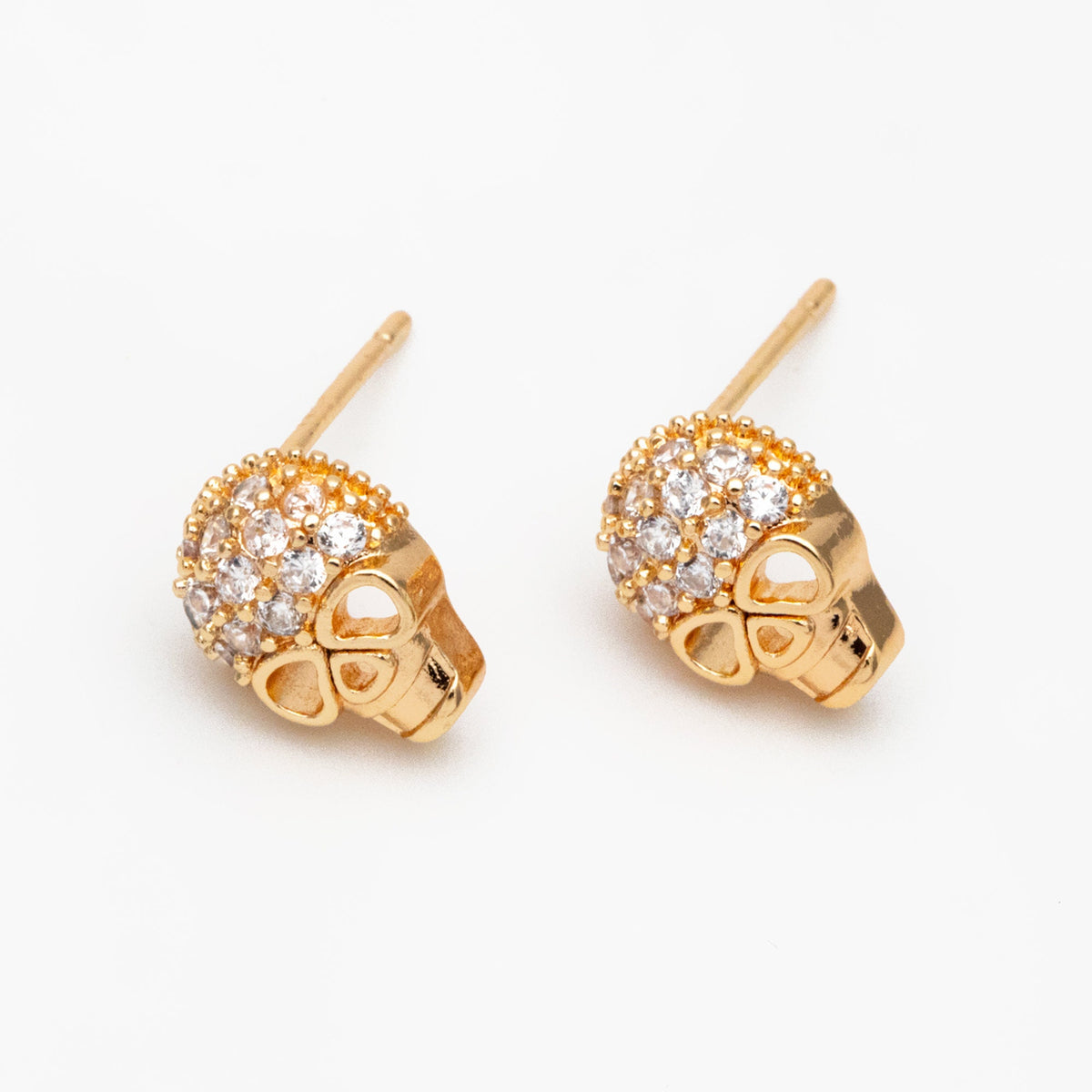 4pcs CZ Pave Gold Skull Earrings, Gold plated Brass, Dainty Stud Earrings (GB-4220)