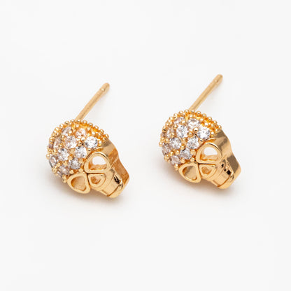 4pcs CZ Pave Gold Skull Earrings, Gold plated Brass, Dainty Stud Earrings (GB-4220)