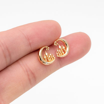 10pcs CZ Pave Gold Moon Castle Earrings 10mm, Real Gold Plated Brass Celestial Stud Earrings (#GB-4239)