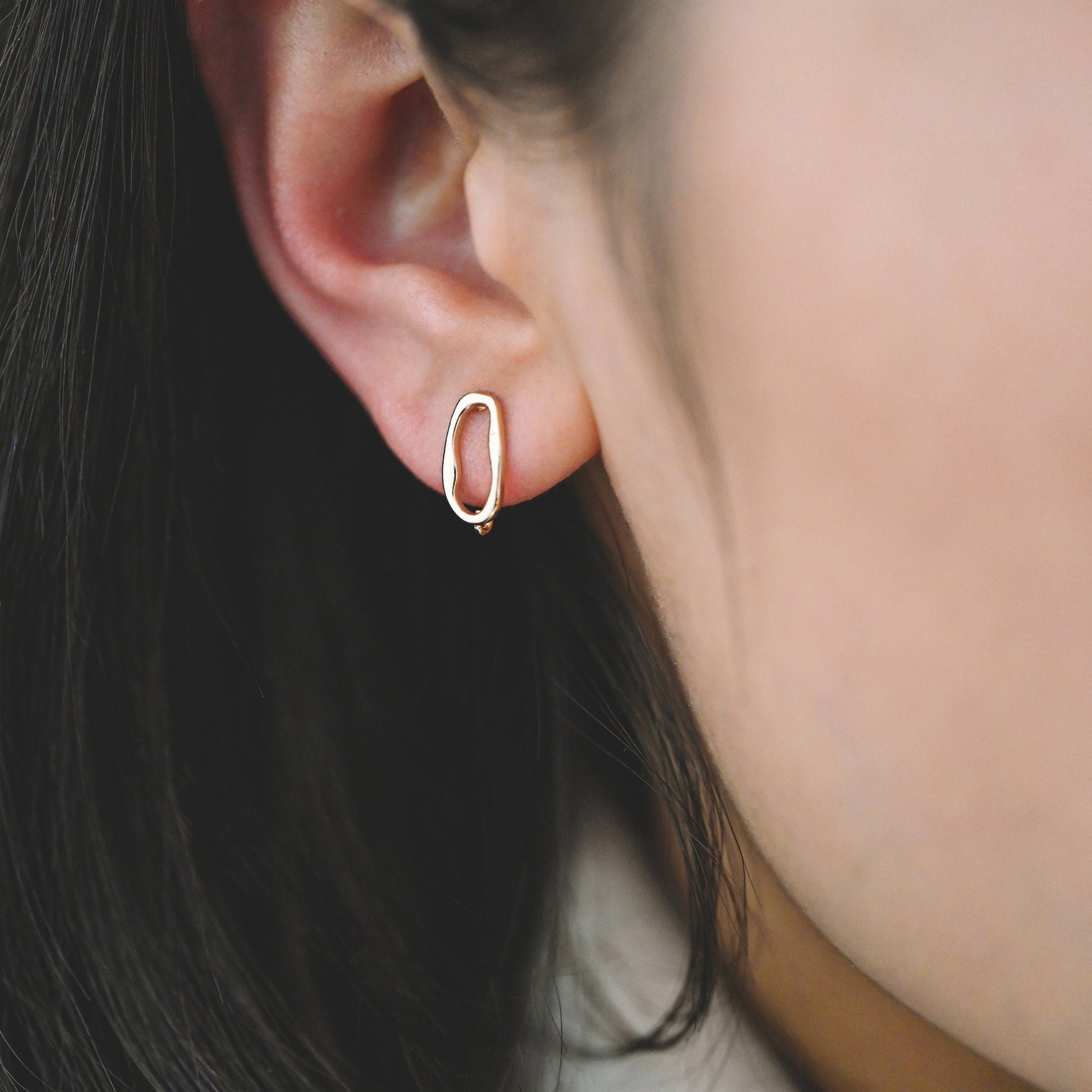 10pcs Gold Oval Earring Post, Geometric Stud Earrings with Open Loops, DIY Ear Wire Findings (GB-676)