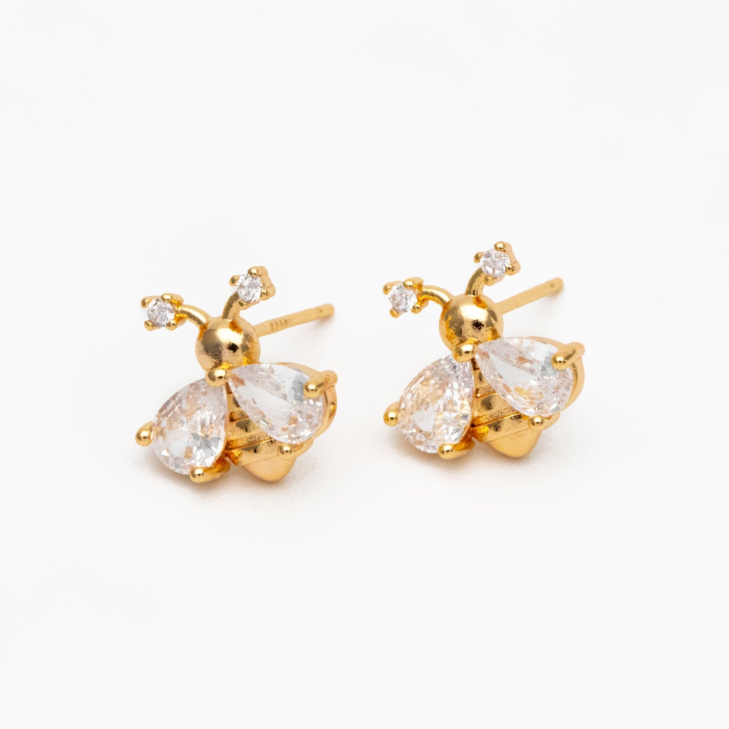 4pcs CZ pave Gold Bee Earrings 12mm, Real Gold Plated Brass Stud Earrings (GB-4243)